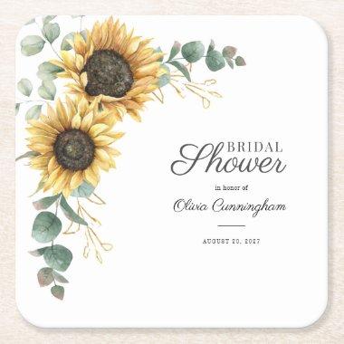 Bridal Shower Sunflower Faux Gold Floral Script Square Paper Coaster