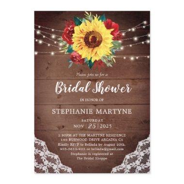 Bridal Shower Sunflower Lace Red Floral Rustic Invitations