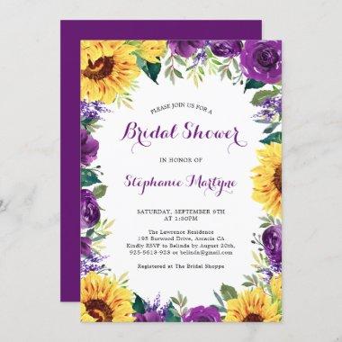 Bridal Shower Sunflower Purple Floral Border Invitations