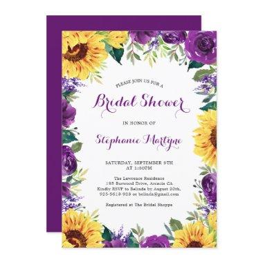 Bridal Shower Sunflower Purple Floral Border Invitations