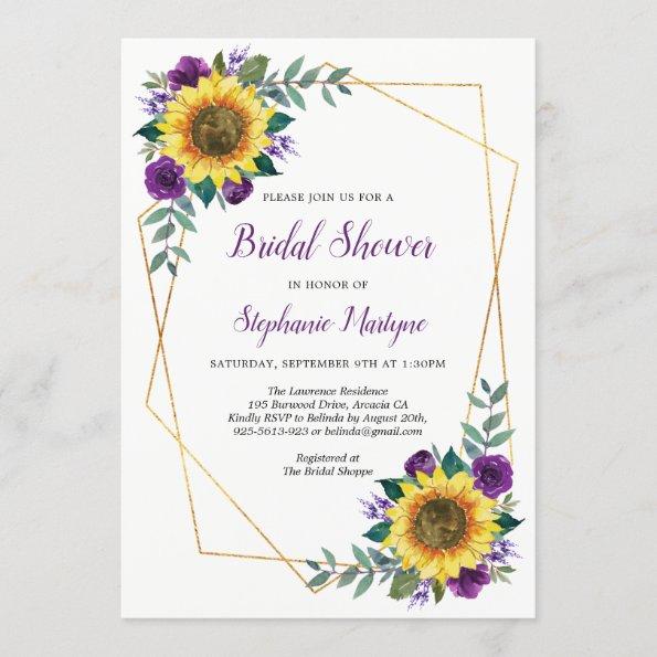 Bridal Shower Sunflowers Geometric Floral Purple Invitations