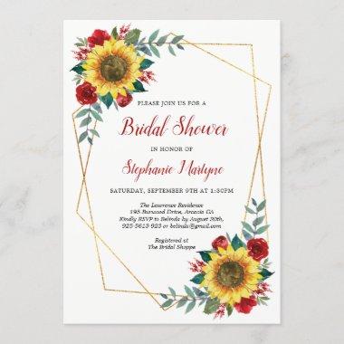Bridal Shower Sunflowers Geometric Floral Red Invitations