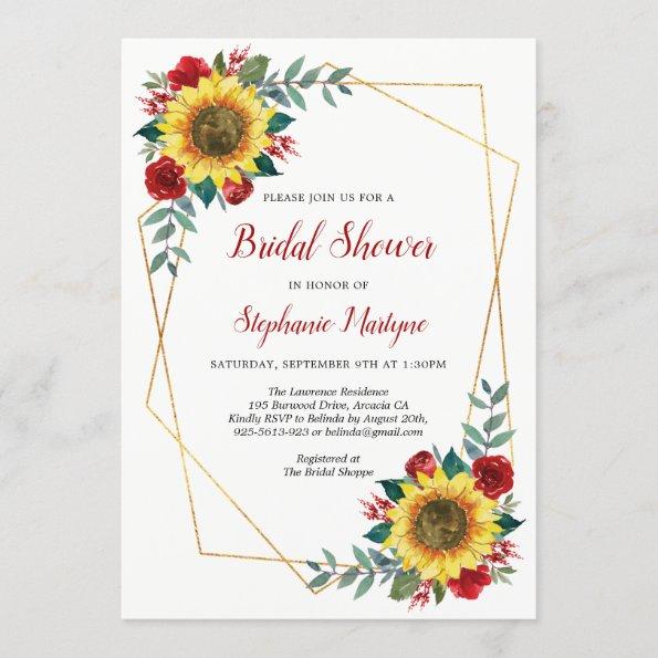Bridal Shower Sunflowers Geometric Floral Red Invitations