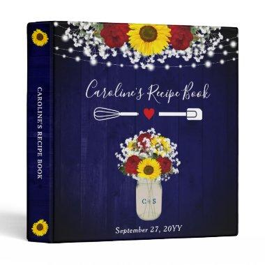 Bridal Shower Sunflowers Roses Lights Rustic Blue 3 Ring Binder