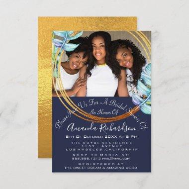 Bridal Shower Sweet 16th Photo Blue Gold Floral Invitations