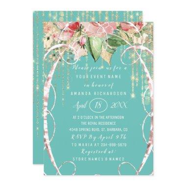 Bridal Shower Sweet 16th Pink Rose Florals Aqua Invitations