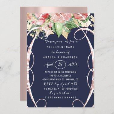 Bridal Shower Sweet 16th Rose Florals Blue Navy Invitations