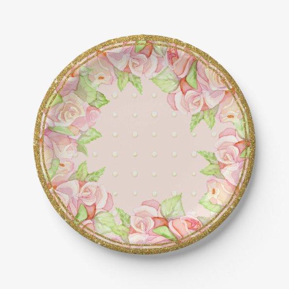 Bridal Shower Table Decor Watercolor Rose Bouquet Paper Plates