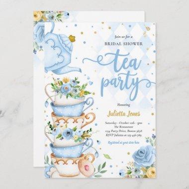 Bridal Shower Tea Party Blue And Gold Floral Invitations