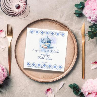 Bridal shower tea party blue tiles tea pot napkins
