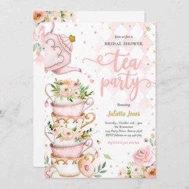 Bridal Shower Tea Party Blush Pink And Gold Floral Invitations