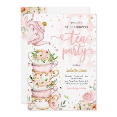 Bridal Shower Tea Party Blush Pink And Gold Floral Invitations