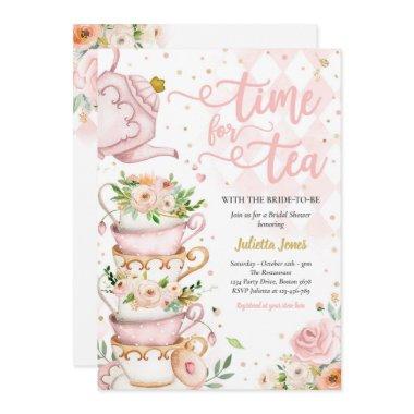 Bridal Shower Tea Party Blush Pink And Gold Floral Invitations