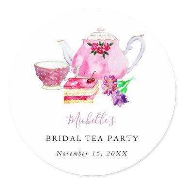 Bridal Shower Tea Party Dusty Rose Teapot Classic Round Sticker