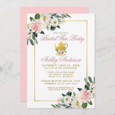 Bridal Shower Tea Party Gold Pink Floral Invite