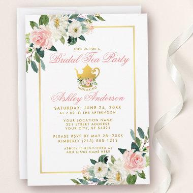 Bridal Shower Tea Party Gold Pink Floral Invite