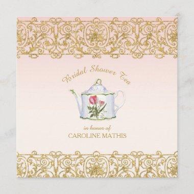 Bridal Shower Tea Party Luncheon Pink Gold Glitter Invitations