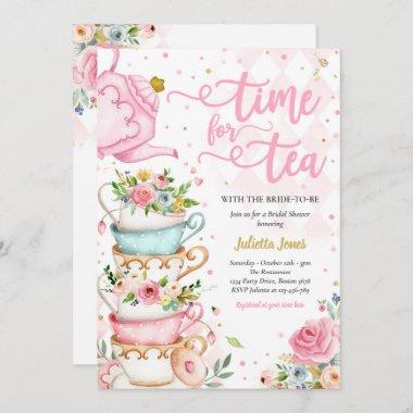 Bridal Shower Tea Party Pink And Gold Floral Invitations