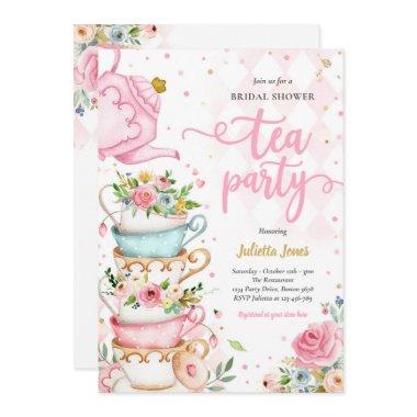 Bridal Shower Tea Party Pink And Gold Floral Invitations