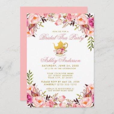 Bridal Shower Tea Party Pink Floral Gold Invitations