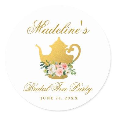 Bridal Shower Tea Party Pink Floral Gold Small Classic Round Sticker