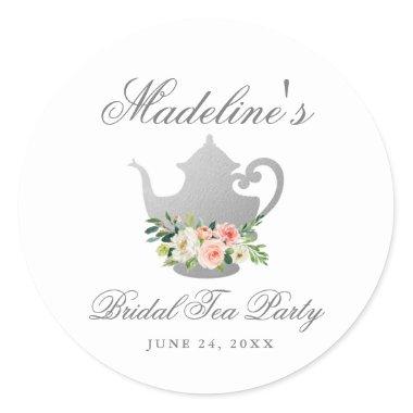 Bridal Shower Tea Party Pink Floral Silver Classic Round Sticker