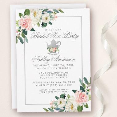 Bridal Shower Tea Party Pink Floral Silver Invite
