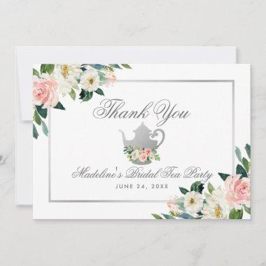 Bridal Shower Tea Party Pink Floral Silver Thanks Invitations