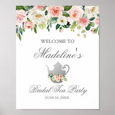 Bridal Shower Tea Party Pink Floral Silver Welcome Poster