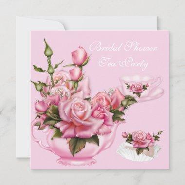 Bridal Shower Tea Party Pink Rose Teapot 4 Invitations