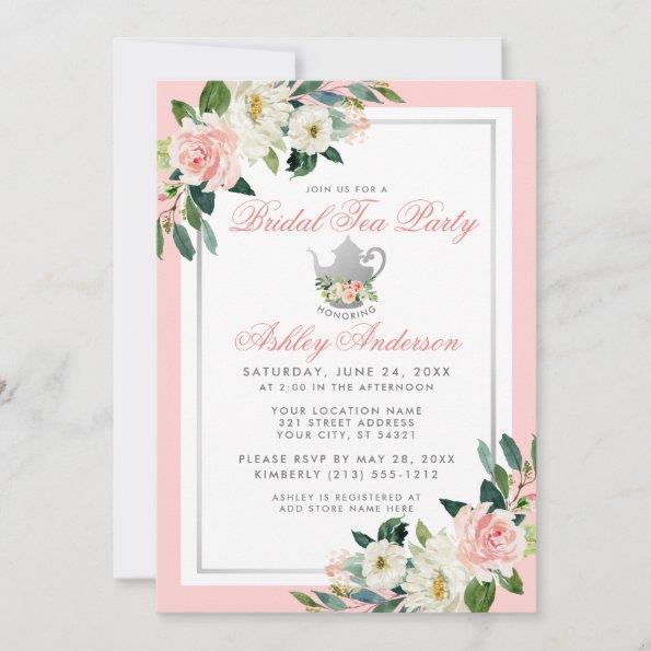 Bridal Shower Tea Party Pink Silver Floral Invite