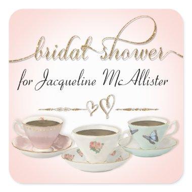 Bridal Shower Tea Party Teacups n Saucers Pink Square Sticker