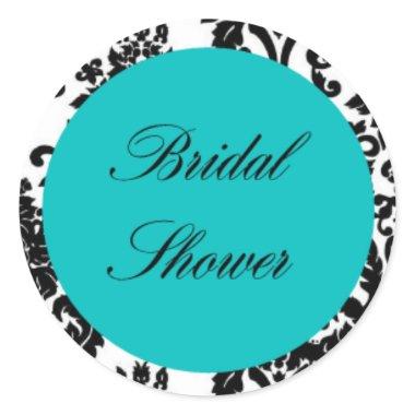 Bridal Shower Teal damask Round lables candy kiss Classic Round Sticker