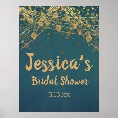 Bridal Shower Teal Gold String Lights Glitter Poster
