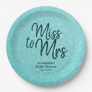 Teal Green Glitter Chic Miss to Mrs Paper Plates