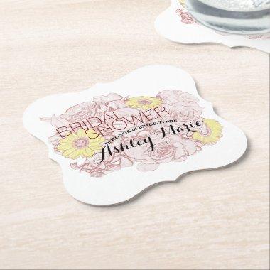 Bridal Shower Terra Cotta Outline Bouquet Custom Paper Coaster
