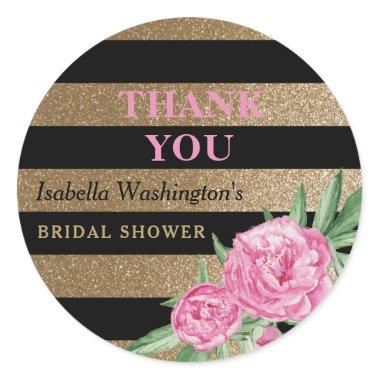 Bridal Shower Thank You | Gold Stripes & Flowers Classic Round Sticker