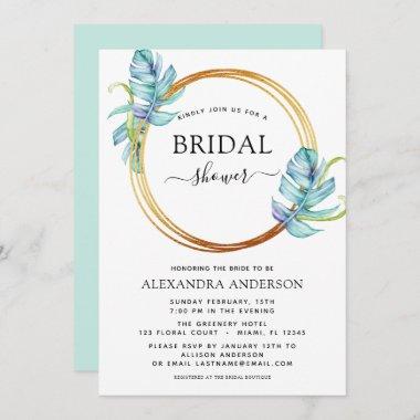 Bridal Shower Tropical Aqua Blue Geometric Wreath Invitations