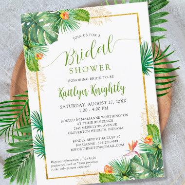 Bridal Shower Tropical Palm Watercolor Green Gold Invitations