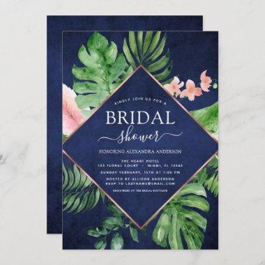 Bridal Shower Tropical Palm Watercolor Navy Blue Invitations