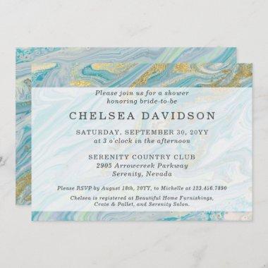 Bridal Shower Turquoise & Gold Marble Swirl Geode Invitations