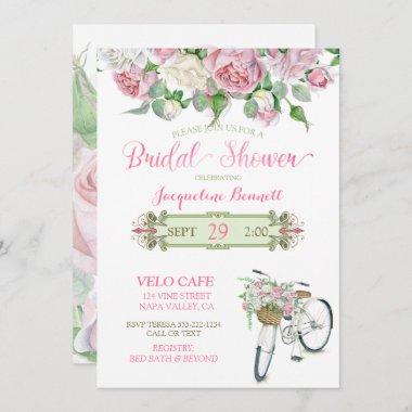 Bridal Shower Vintage Bicycle Basket Pink Roses Invitations