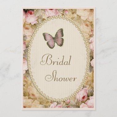 Bridal Shower Vintage Pearls Lace Roses Butterfly Invitations