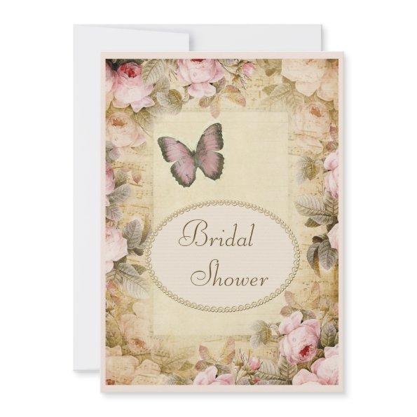 Bridal Shower Vintage Pearls Lace Roses Butterfly Invitations