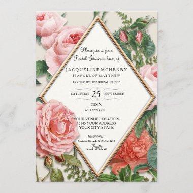 Bridal Shower Vintage Roses Floral Rose Gold Taupe Invitations