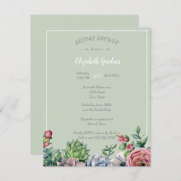 Bridal Shower Watercolo Pink Blue Green Succulent Invitations