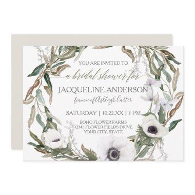 Bridal Shower Watercolor Anemone Olive Leaf Wreath Invitations