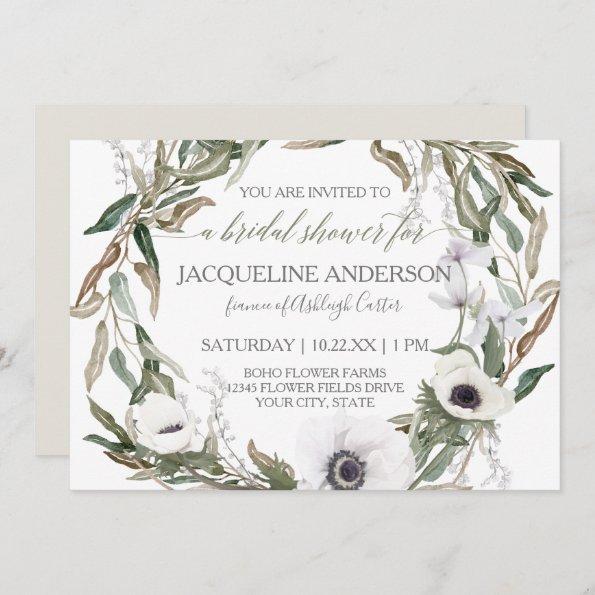 Bridal Shower Watercolor Anemone Olive Leaf Wreath Invitations