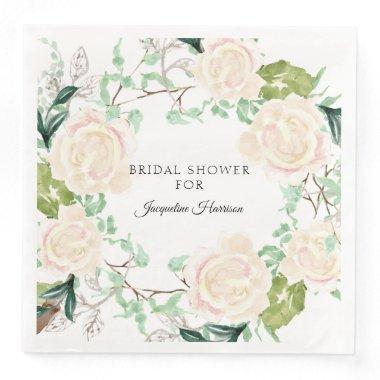Bridal Shower Watercolor Art Floral Ivory Roses Paper Dinner Napkins