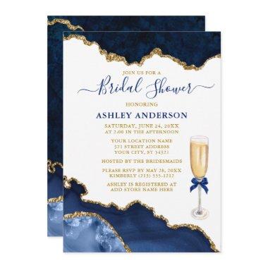 Bridal Shower Watercolor Blue Marble Geode Gold Invitations